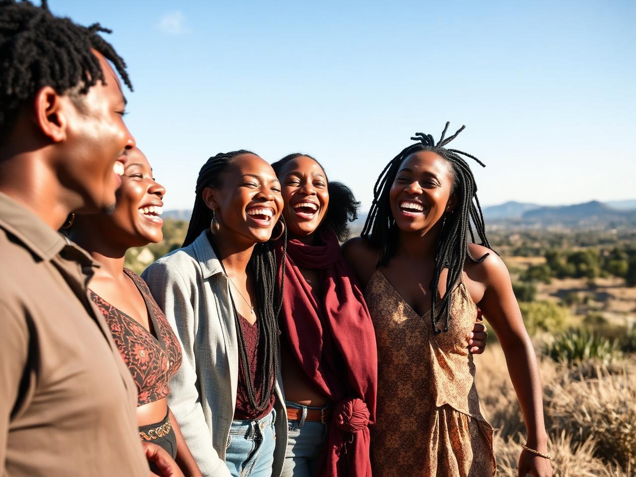 Diverse South African community laughing together outdoors