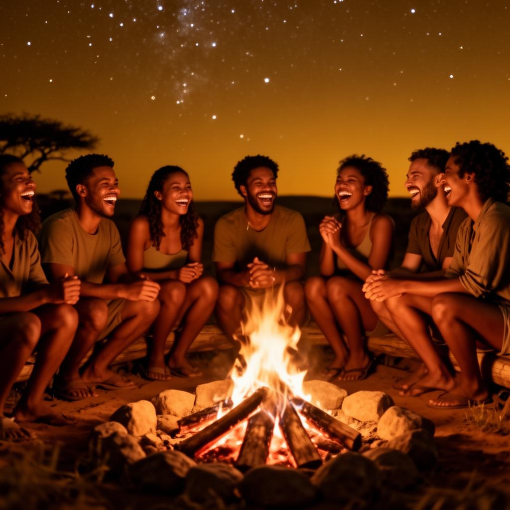 Reset Crew community gathered around a campfire under African stars
